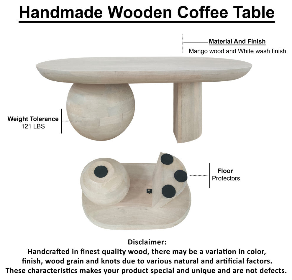 38" Coffee Table Oblong Mango Wood Top With a Modern Ball Leg Washed White