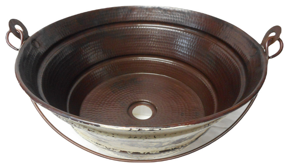Vintage Hand Hammered Copper Bucket Vessel Sink with Antique White Exterior