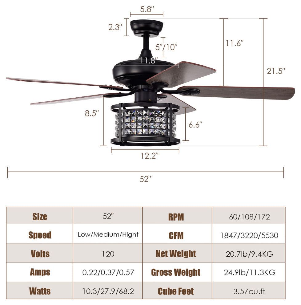 Costway 52'' Ceiling Fan with Light Reversible Crystal Lamp W/Remote Control