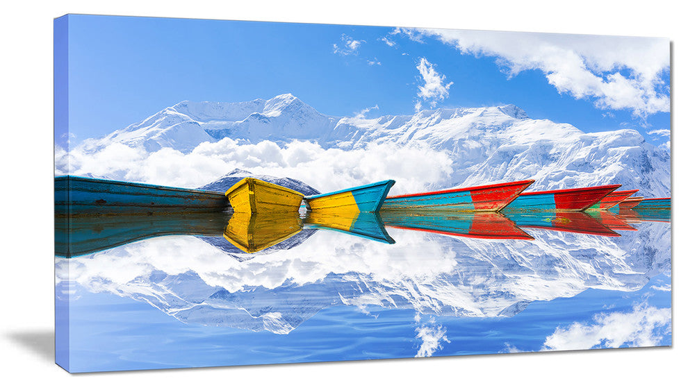 Moving Colorful Boats in Lake, Large Boat Canvas Art Print, 60"x28"