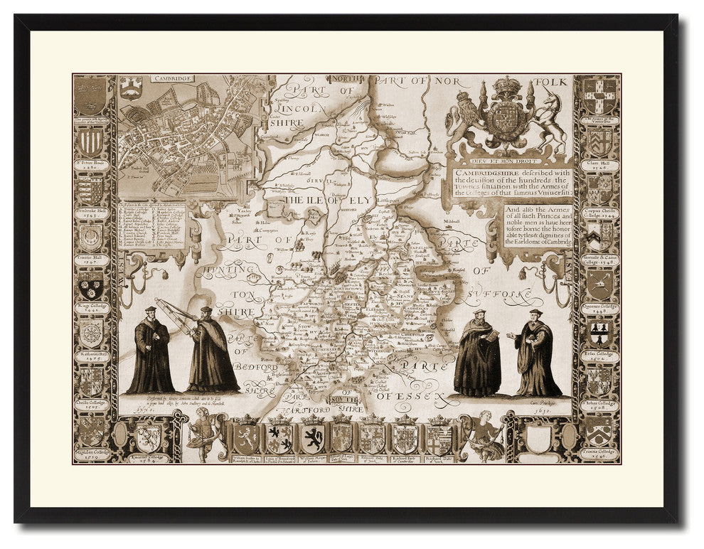 Cambridgeshire Vintage Sepia Map Canvas Print, 28"x37"