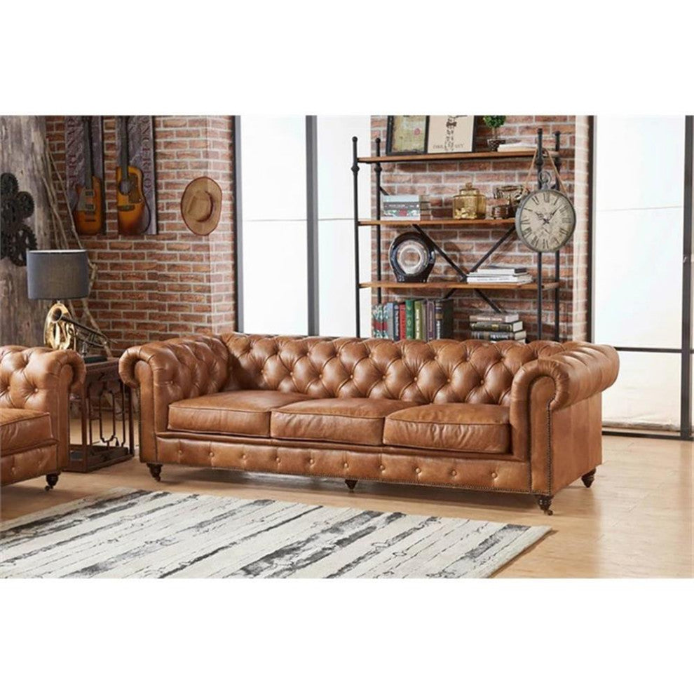 Crafters and Weavers Craftsman Mission 95" Leather Sofa in Light Chestnut