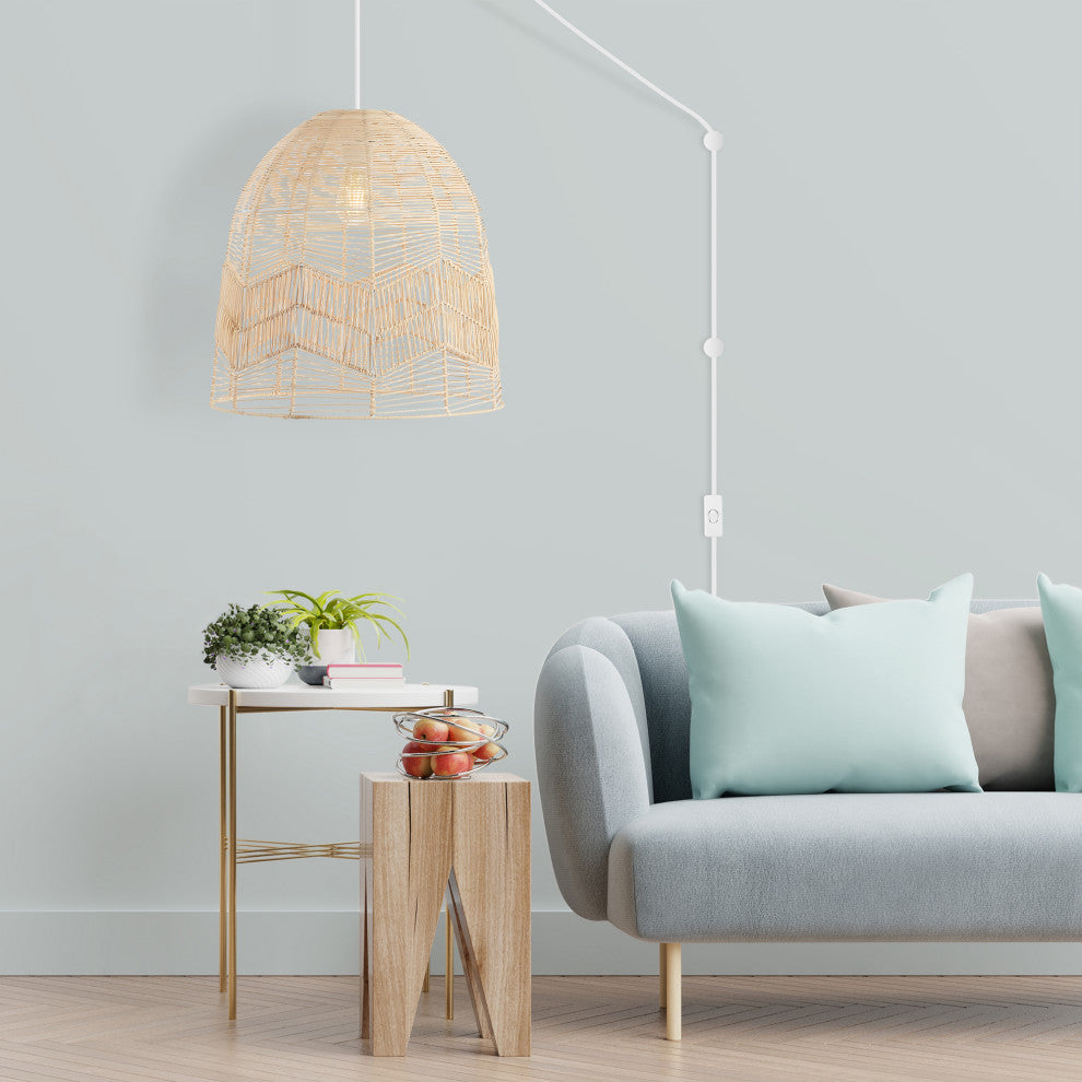 Nova 20.25" 1-Light Rattan 180" Plug-In or Hardwired LED Pendant, Brown, Sofia