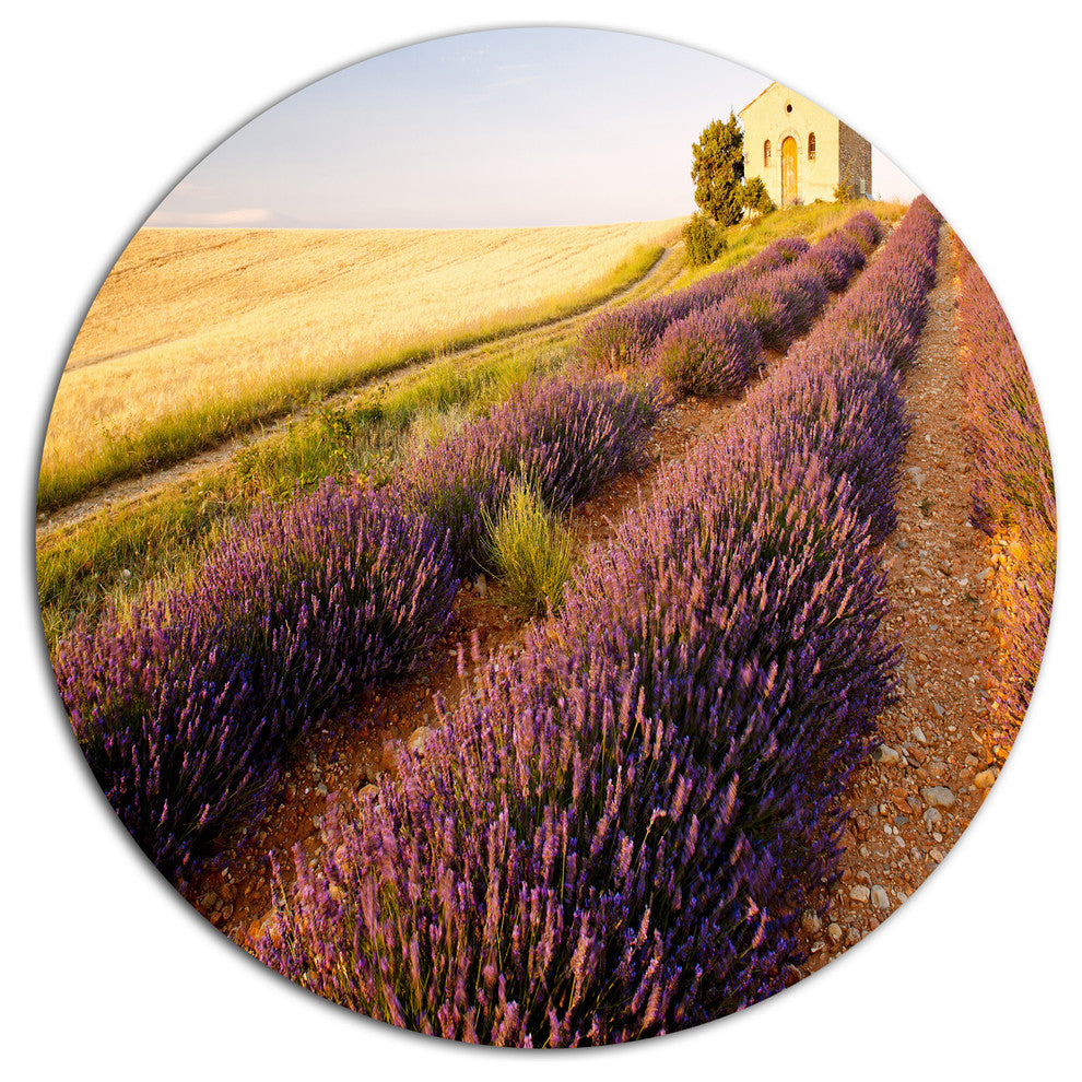 Chapel With Lavender And Grain Field, Flower Disc Metal Wall Art, 11"