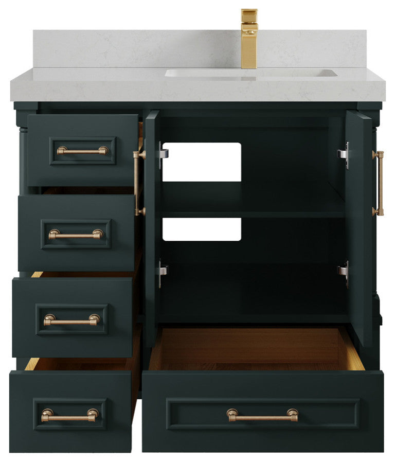 Aberdeen 36 Right Offset Bath Vanity in Dark Forest Green 2" Carrara Quartz