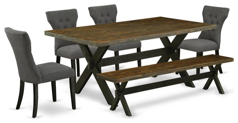 6-Piece Set, Dark Gotham Gray Seat Chairs, Bench and Top Wood Table