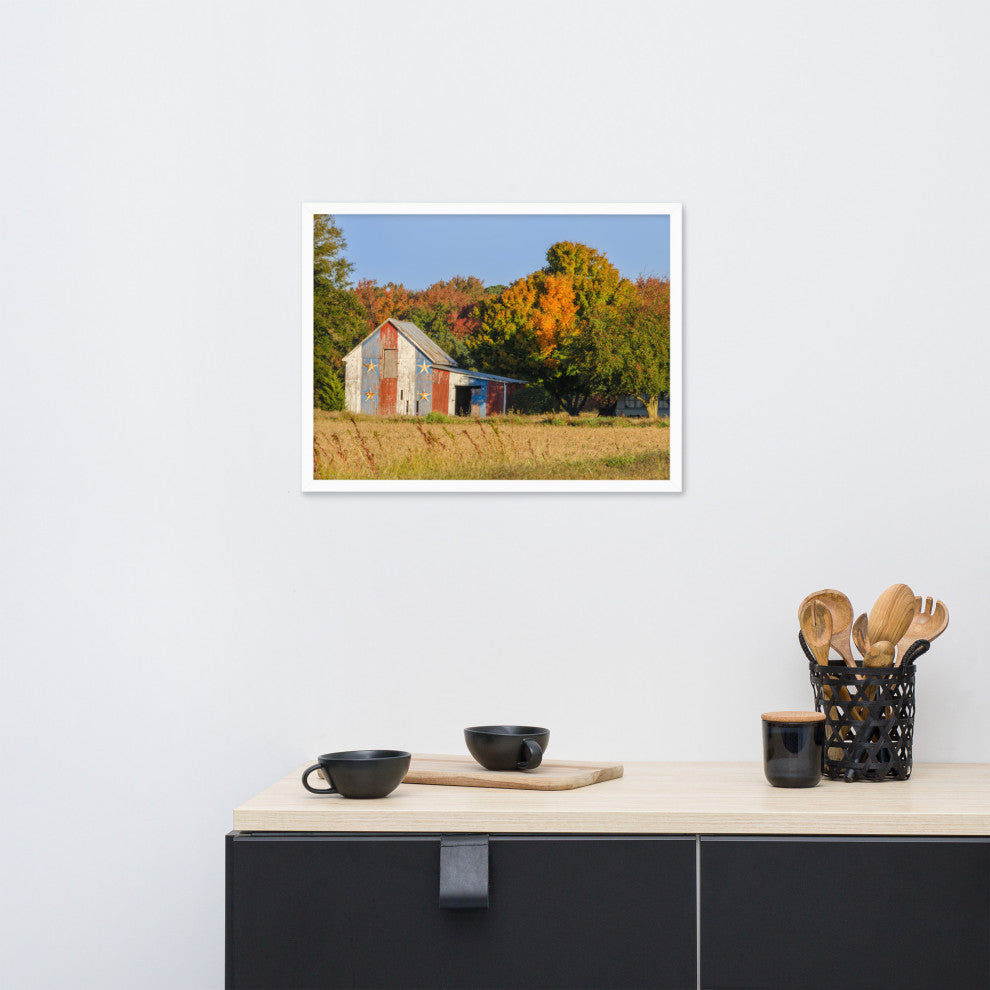 Patriotic Barn in Field Rural Landscape Framed Photo Paper Wall Art Prints, White, 18" X 24"