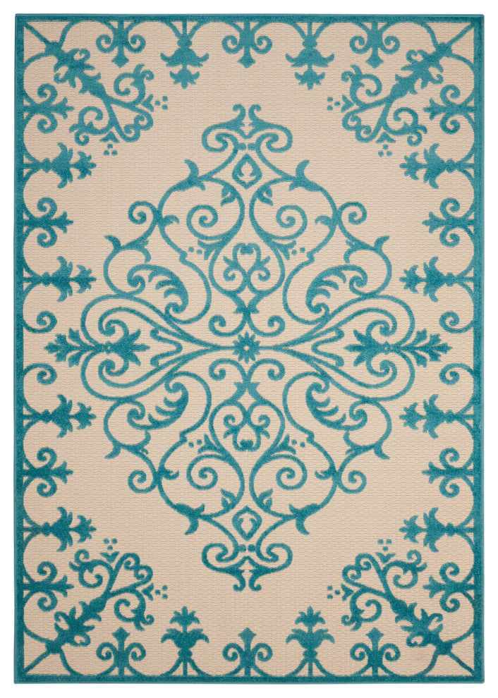 5' X 8' Aqua Damask Indoor Outdoor Area Rug