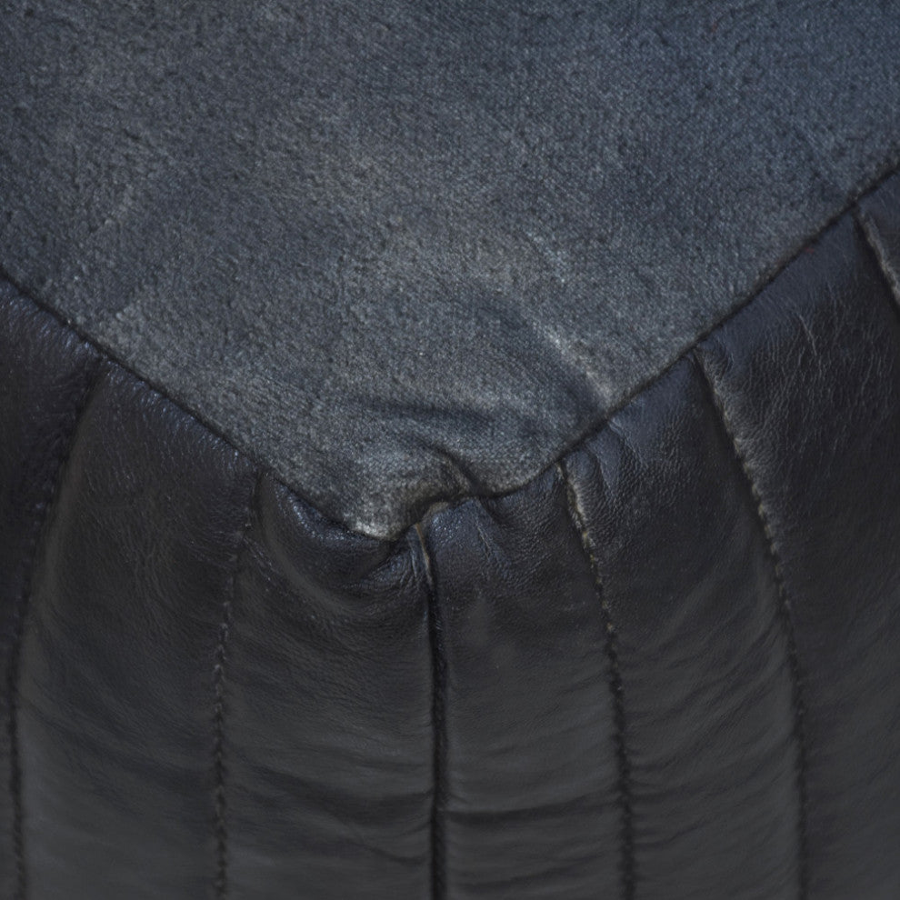 Poufs-Solid Handmade Goat Leather Pouf, Recycled Cotton Fill, Black, Square, 21x21x12