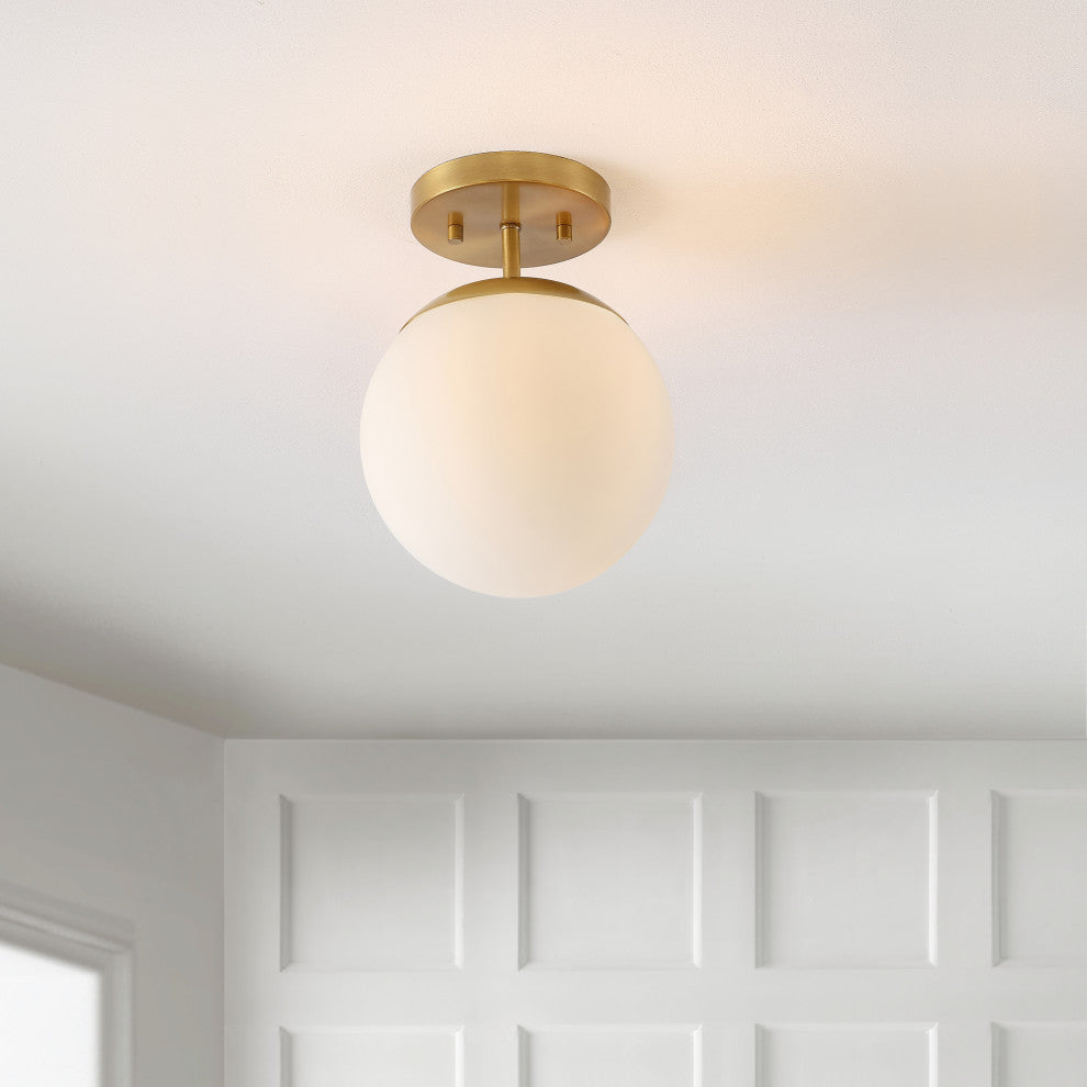 Marcel Bistro 7.75" 1-Light Bohemian Farmhouse LED Semi Flush Mount, Brass/White