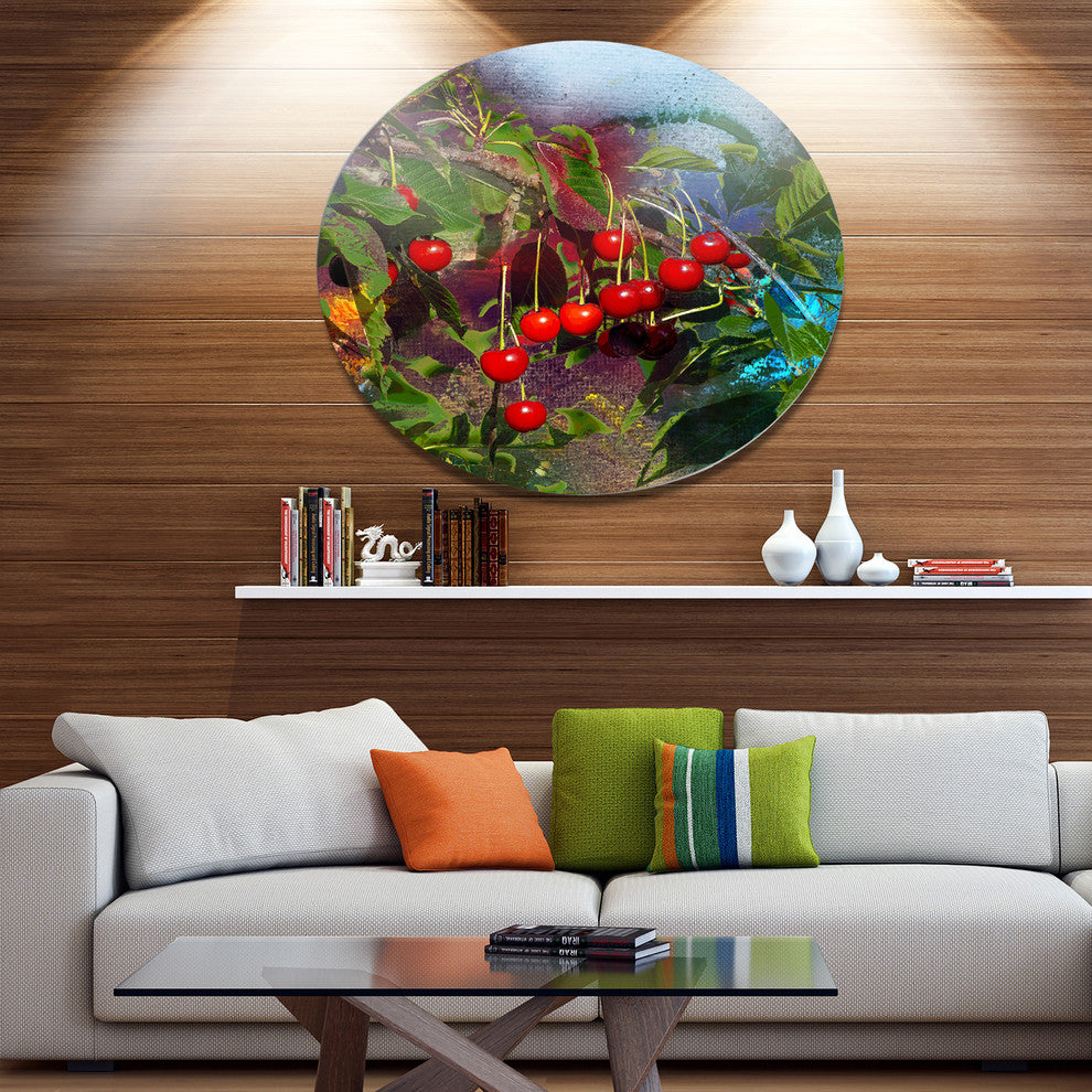 Summer And Cherries Watercolor, Floral Large Disc Metal Wall Art, 11"