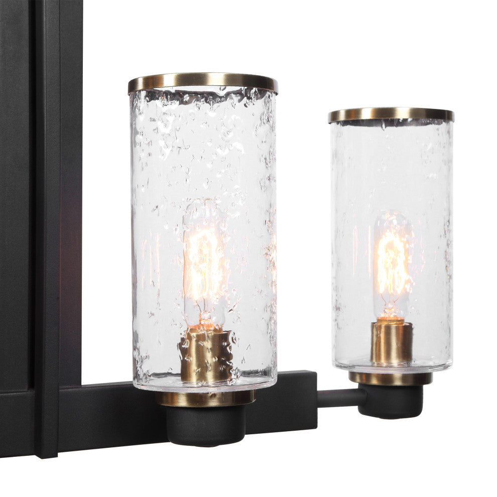 Modern Industrial Black I Beam Kitchen Island 6 Light, Pendant Glass Hurricane