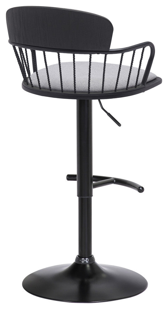 Nash Adjustable Black Wood Bar Stool, Blue Fabric With Black Metal, Light Gray