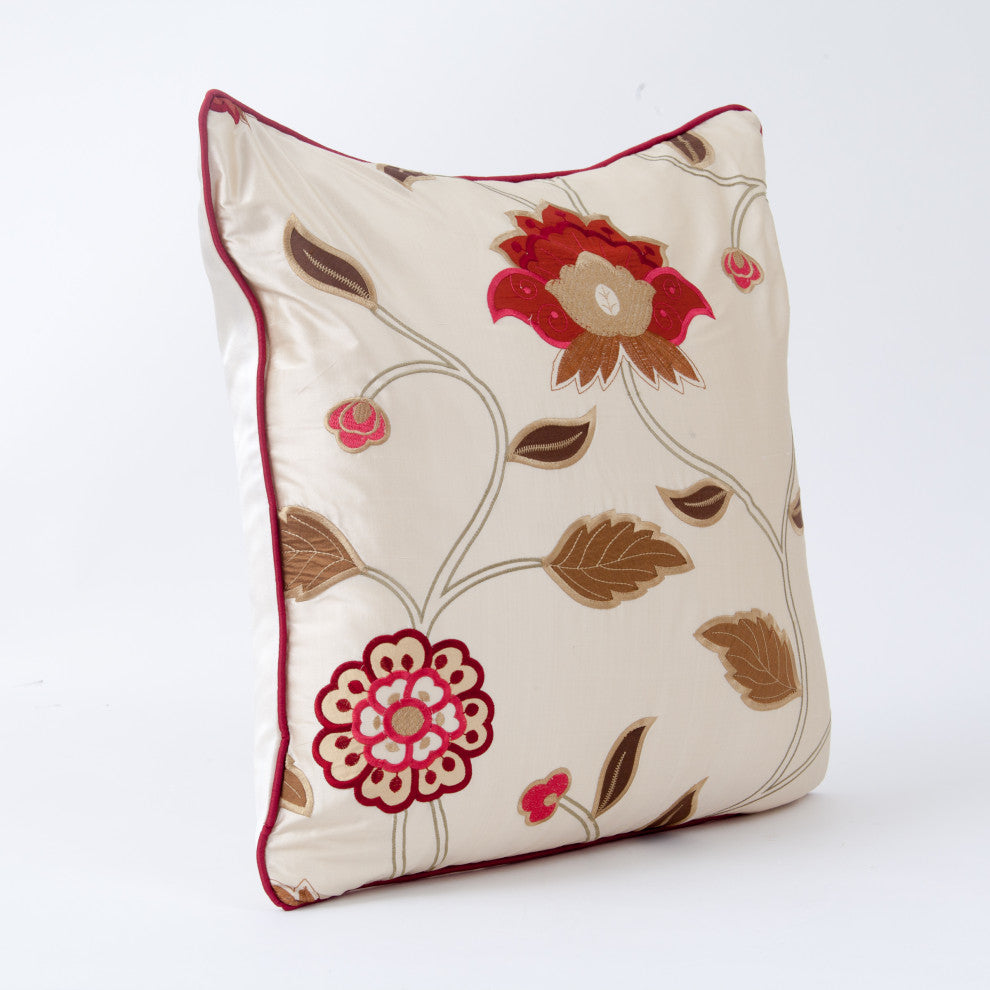 Floral silk accent pillow cover, embroidered silk cover in cream and red , 24x24
