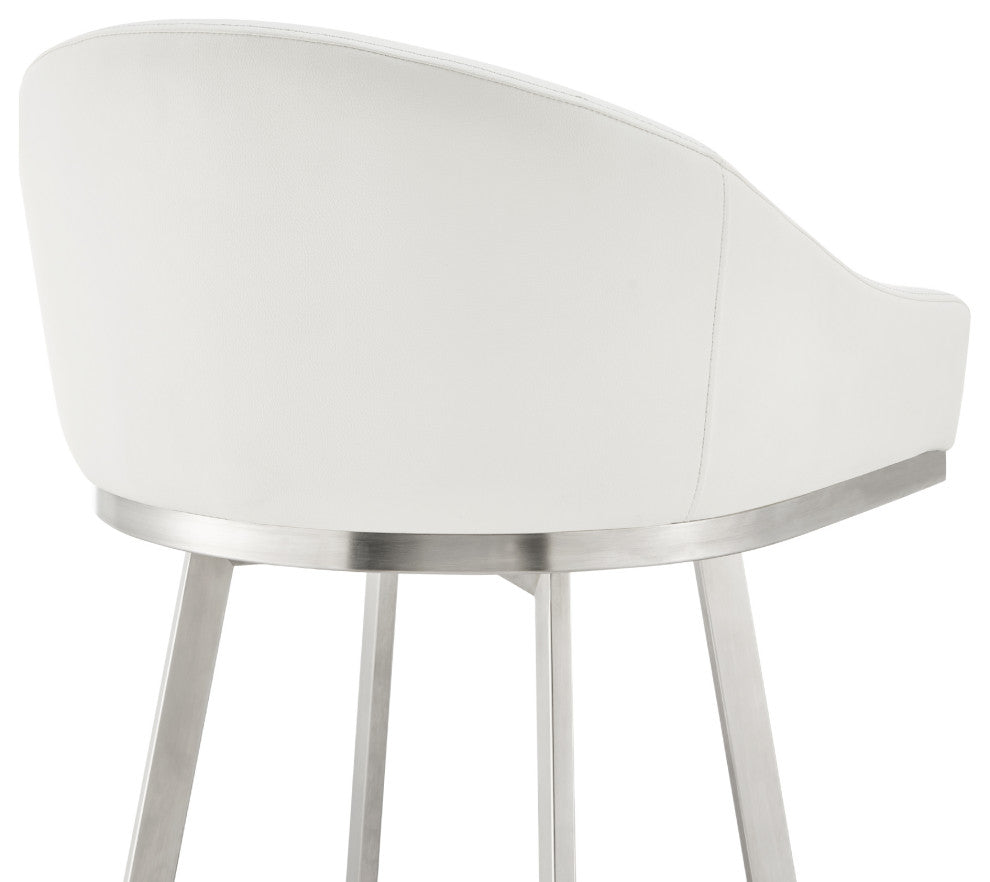 Noran Swivel Counter Stool, Brushed Stainless Steel With White Faux Leather
