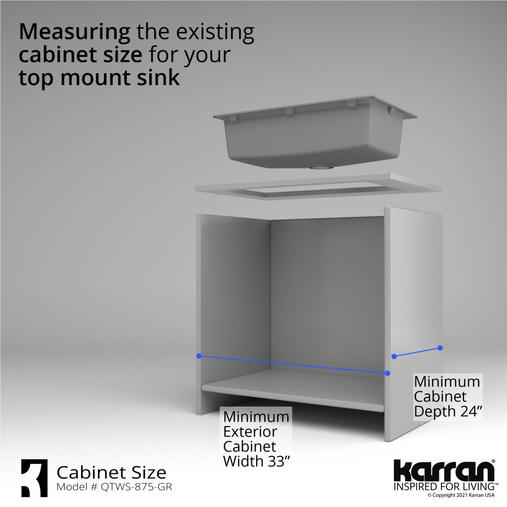 Karran Top Mount 33" Single Bowl Quartz Workstation Kitchen Sink, Grey