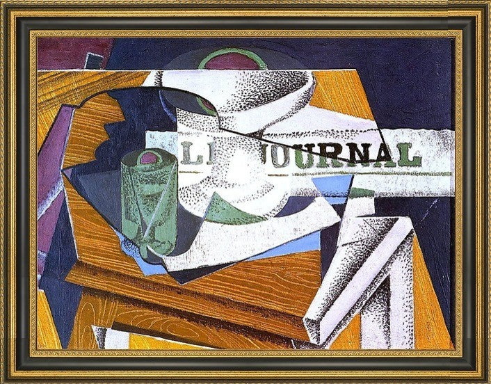 Juan Gris Fruit Bowl  Book and Newspaper - 21" x 28" Framed Premium Canvas Print