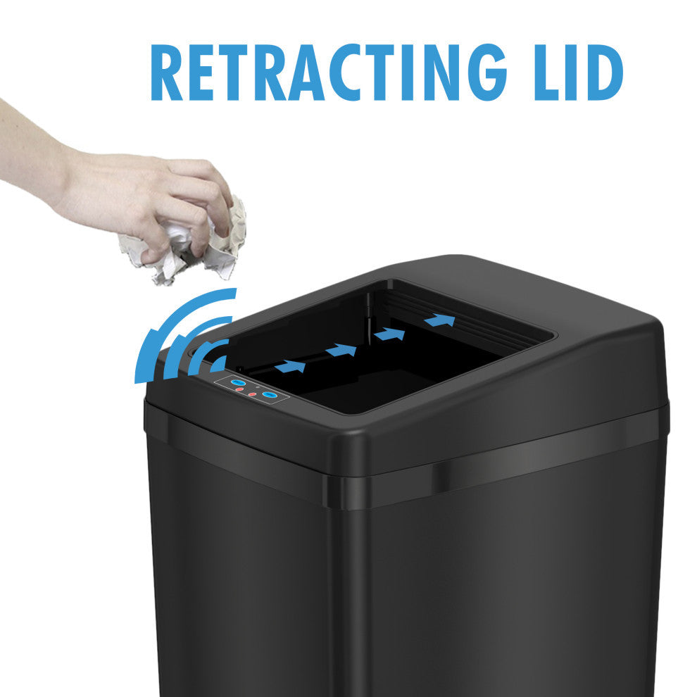 iTouchless 14 Gal Retracting Lid Sensor Trash Can + Odor Filter, Black Steel