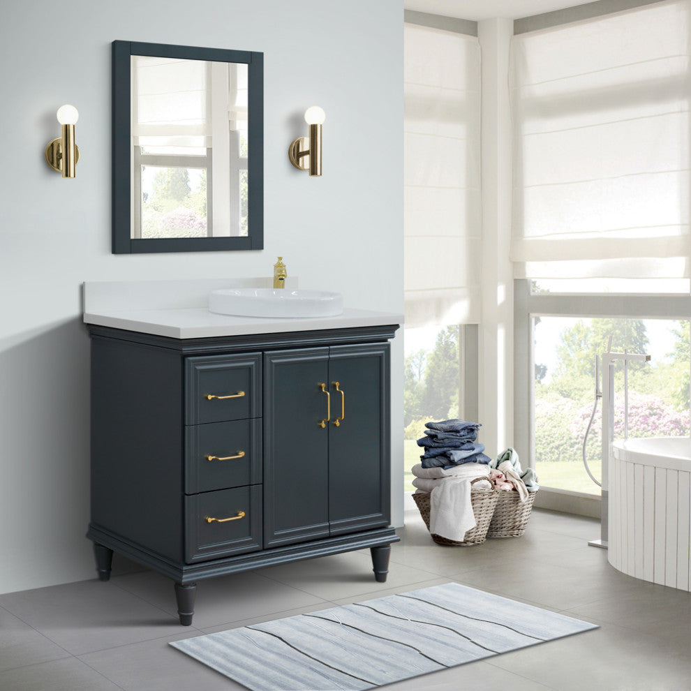 37" Single Vanity, Dark Gray Finish With White Engineered Stone Top