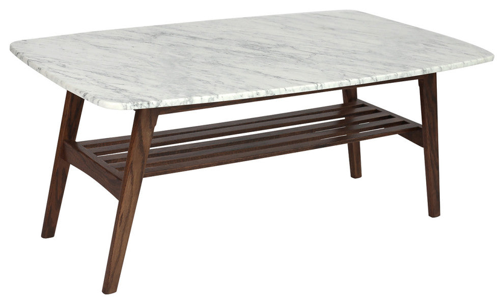 Laura 43" Rectangular Italian Carrara White Marble Coffee Table with Oak Shelf,