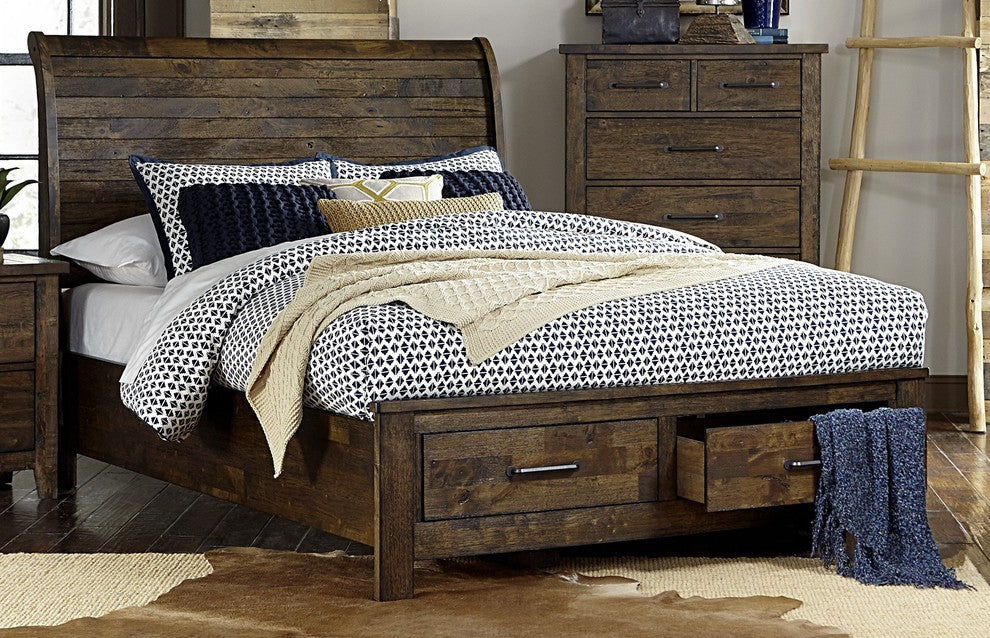 Jackson Rustic Queen Sleigh Platform Bed with Storage Country Brown
