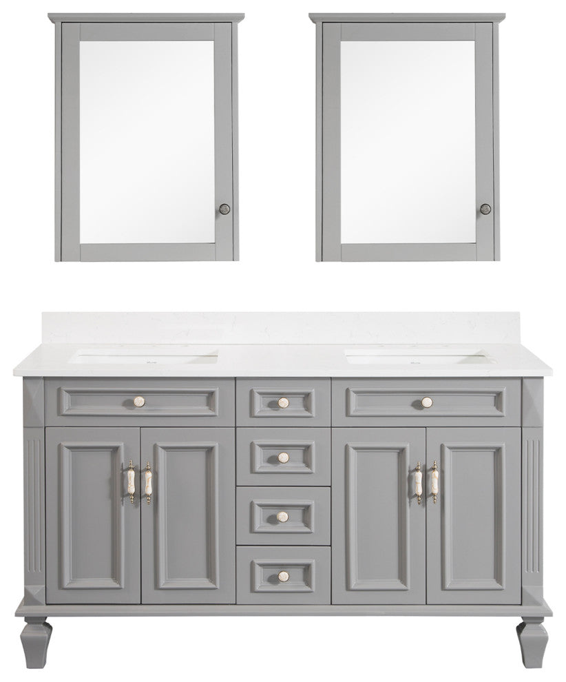 60 In Bath Vanity Set with 2 Mirror Cabinets, Quartz Top, 2 cUPC Certified Sinks, Titanium Grey