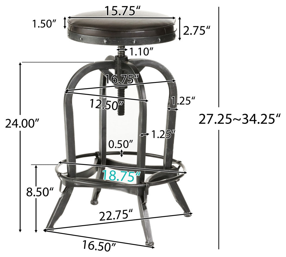 GDF Studio Brixton Adjustable Swivel Iron Bar Stool, Brown Leather