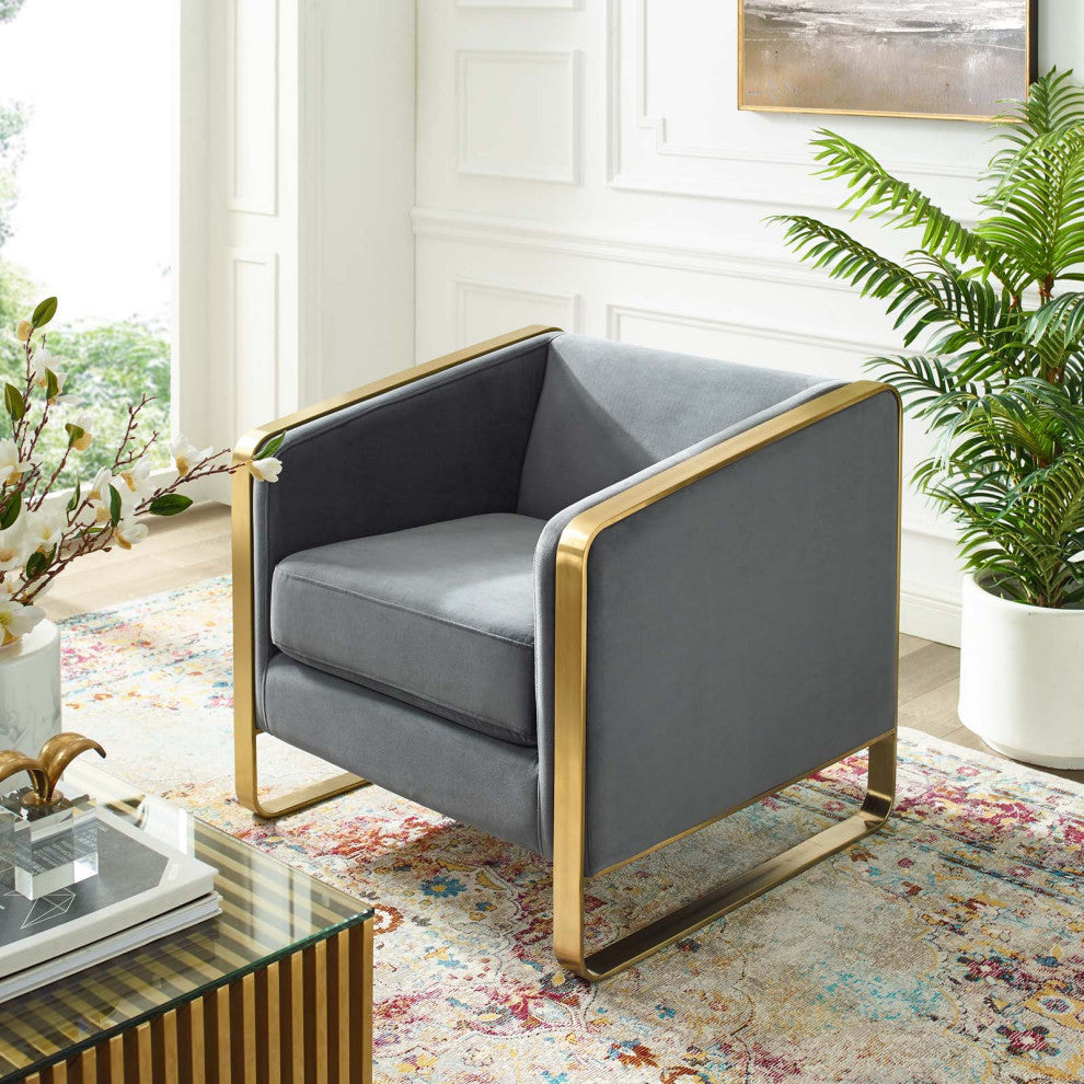 Lounge Accent Side Chair Armchair, Velvet Fabric Metal Steel, Grey Gray