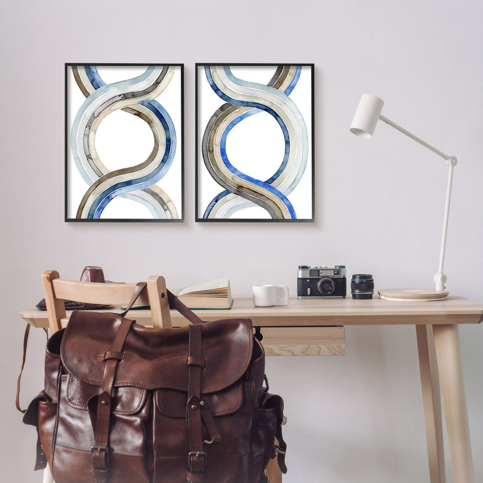 Two Dimensional Spiral Helix Brown Blue Abstract Lines,2pc, each 16 x 20