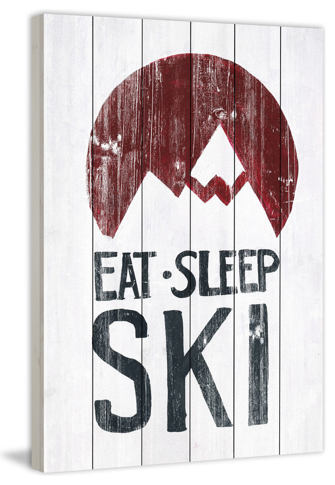 "Eat Sleep Ski Mountains" Painting Print on White Wood, 30"x45"