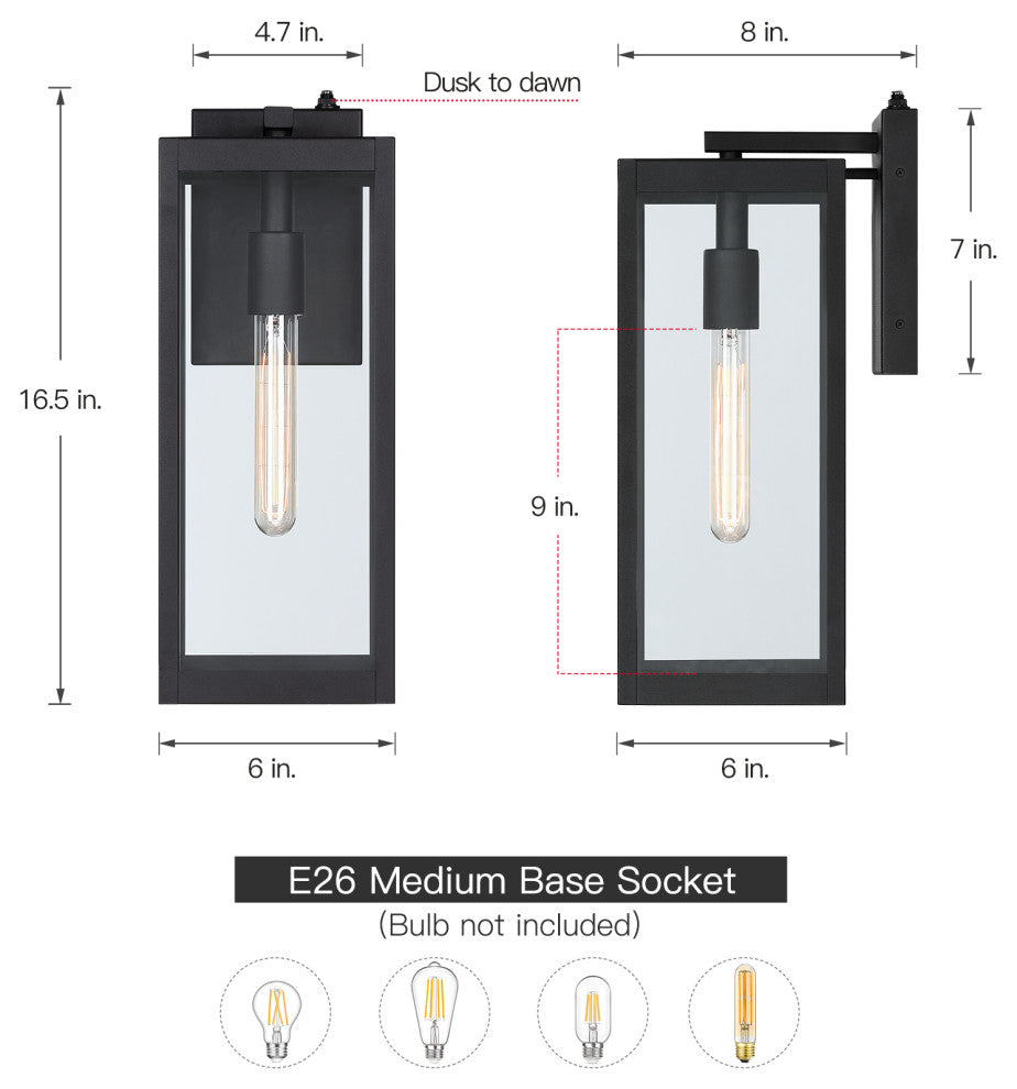 16.5" H 1-Light Dusk to Dawn Black Outdoor Wall Lantern Sconce