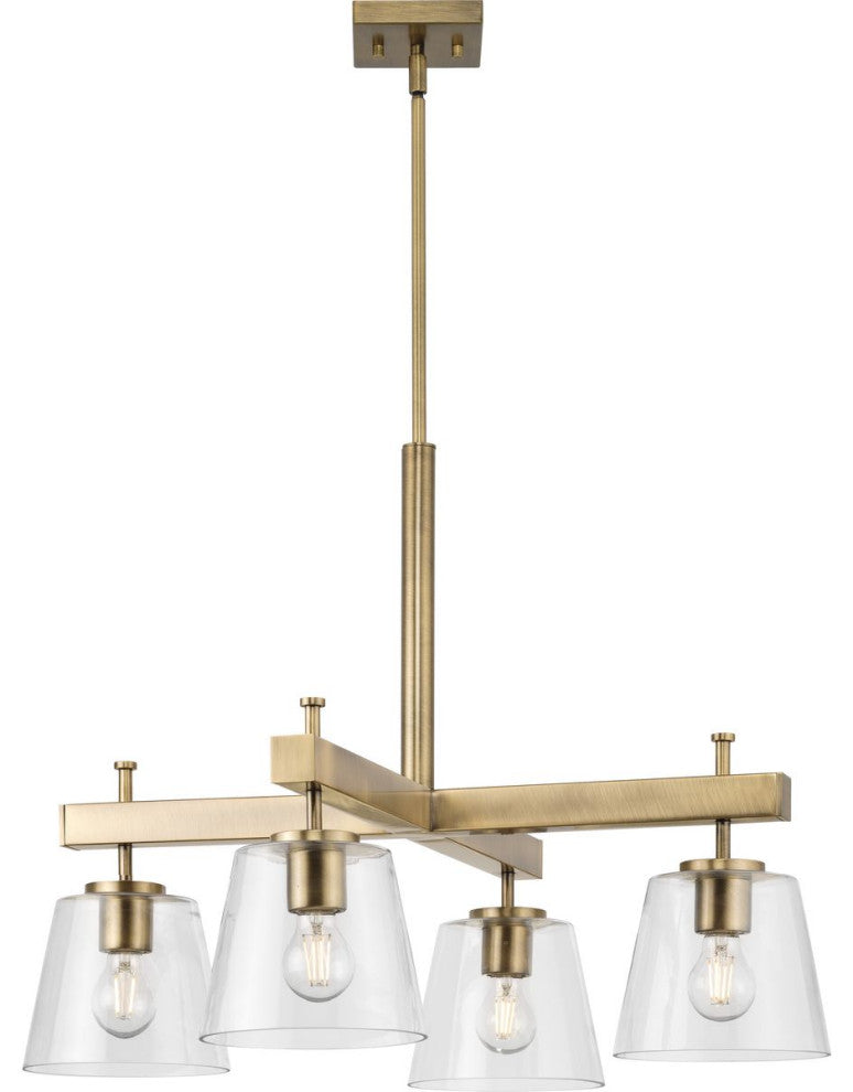 Saffert Collection Four-Light Vintage Brass Clear Glass Chandelier Light