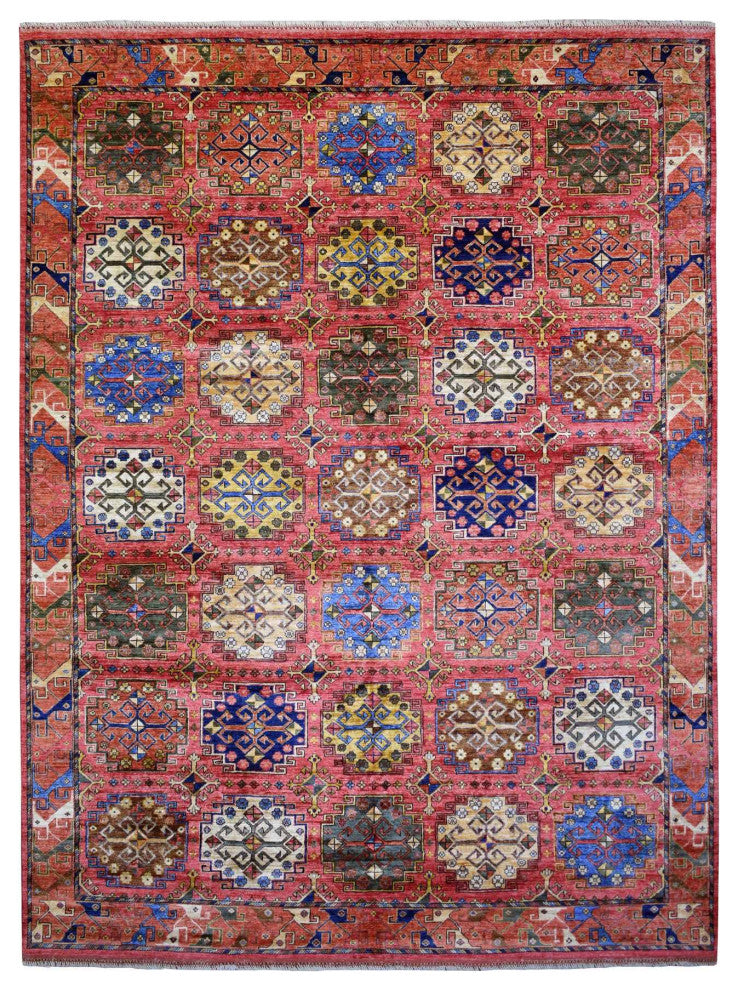 Red Turkeman Ersari with Geometric Design Hand Knotted Pure Wool Rug 8'8"x11'7"