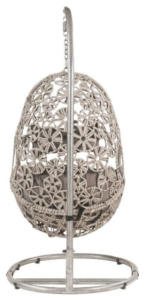 Benzara BM269031 Patio Hanging Chair With Open Circular Motifs, Gray