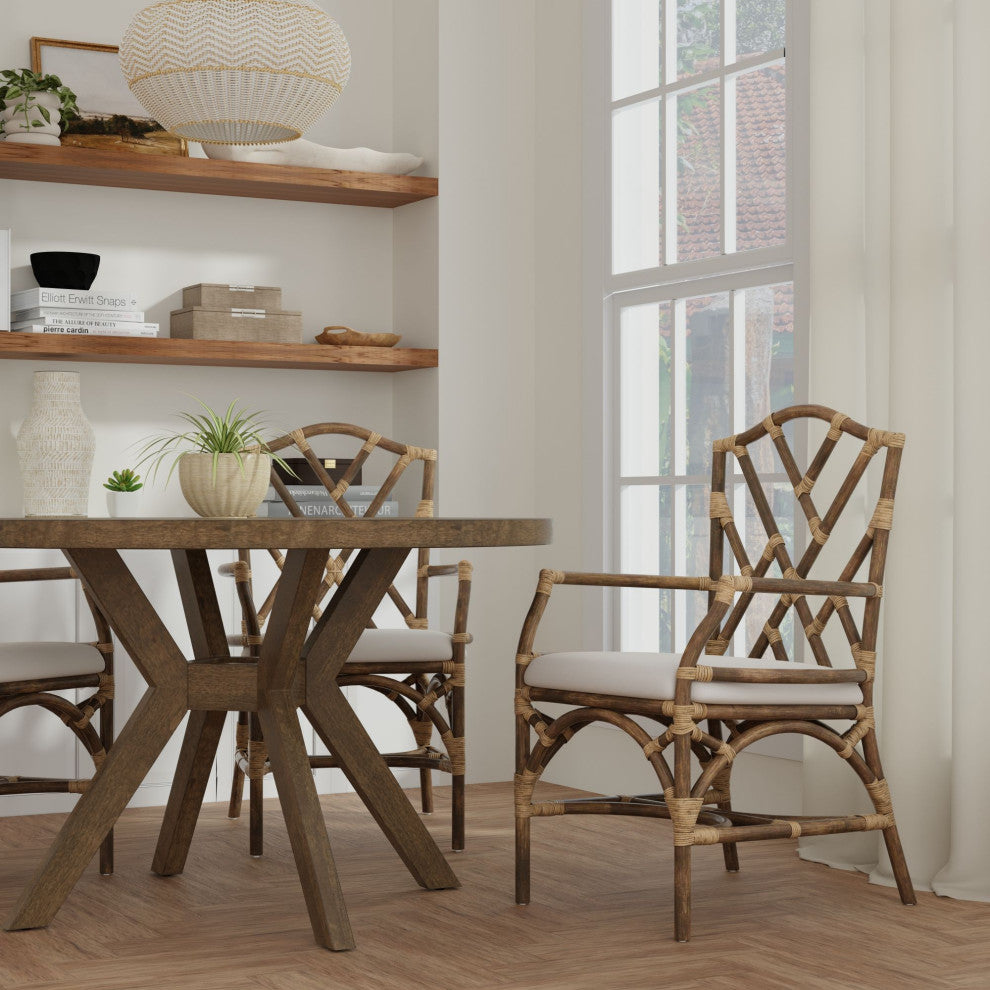 Rattan Chippendale Upholstered Dining Armchairs, Antique Brown, Set of 2