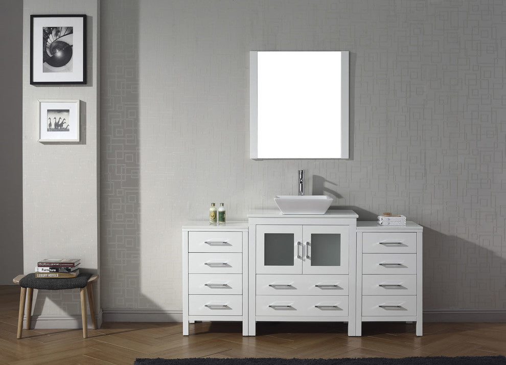 Virtu Dior 66" Single Bathroom Vanity, White With White Top, Faucet and Mirror