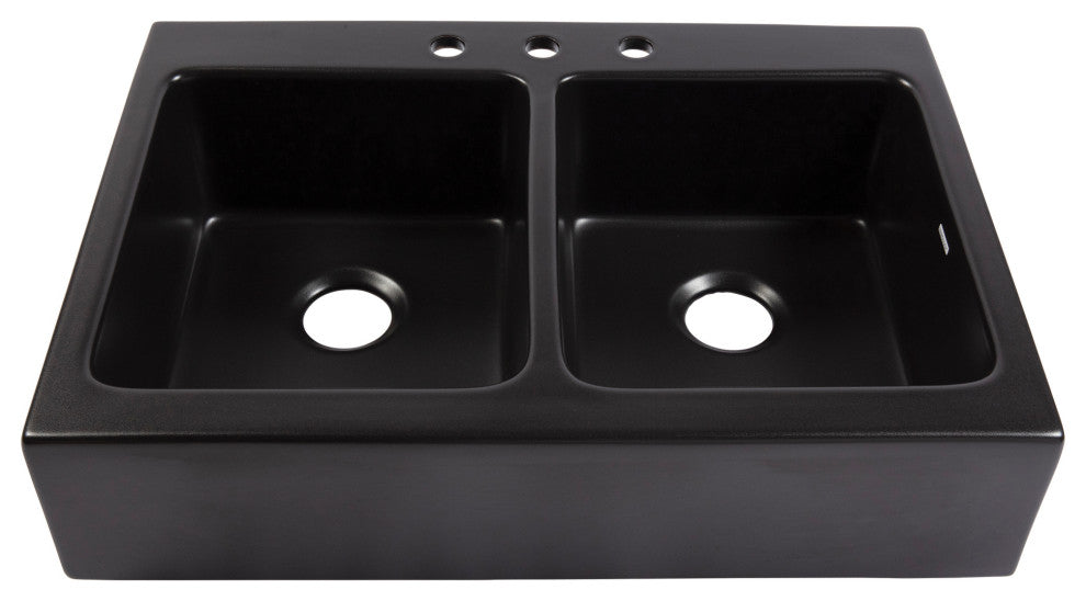 Parker Black Fireclay 34"³ Double Bowl Quick-Fit Farmhouse Drop-in Kitchen Sink
