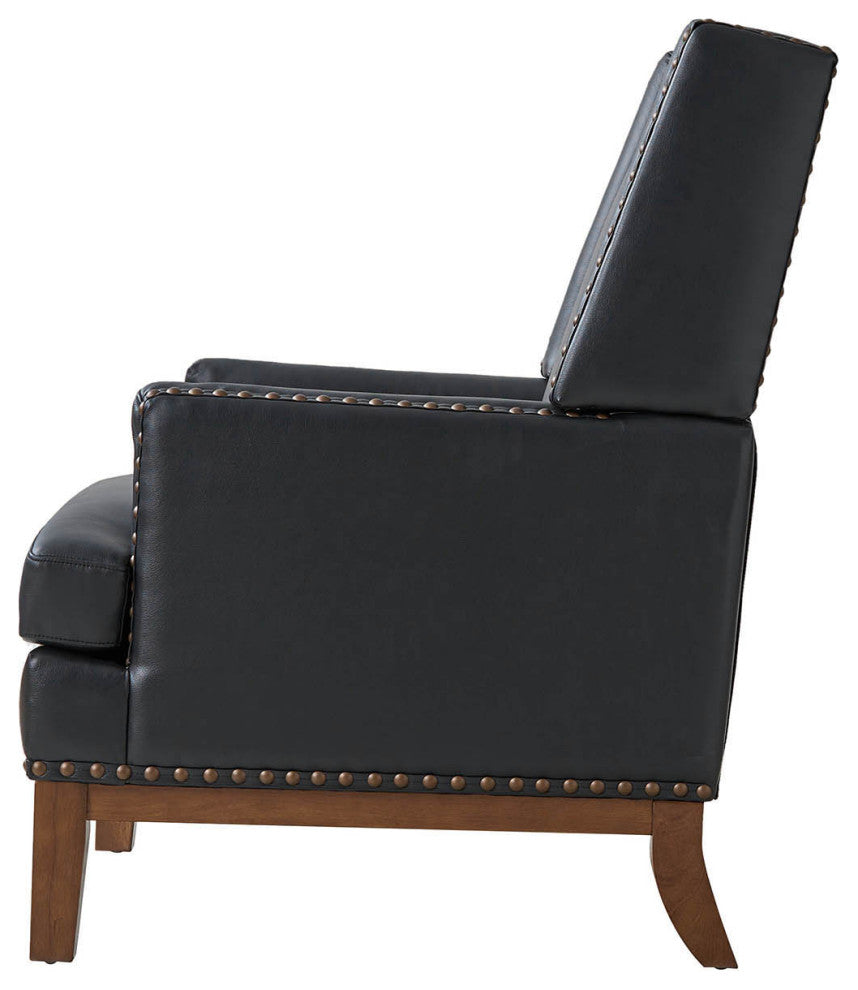 30"W Mid-Century Style Genuine Leather Armchair With Solid Wood Frame, Black