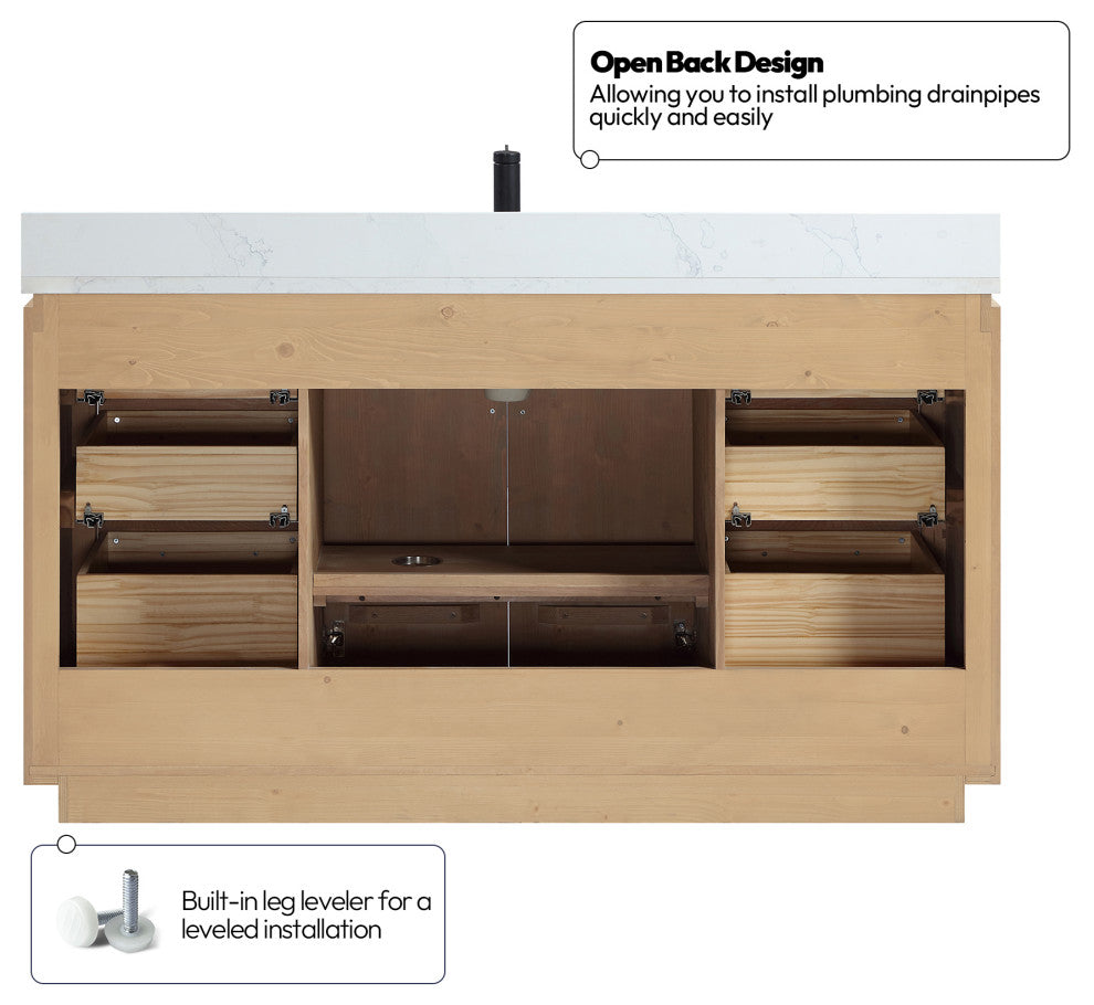 San Bath Vanity with Stone Top, Fir Wood Brown, 60" Single Sink, Single Vanity, With Mirror