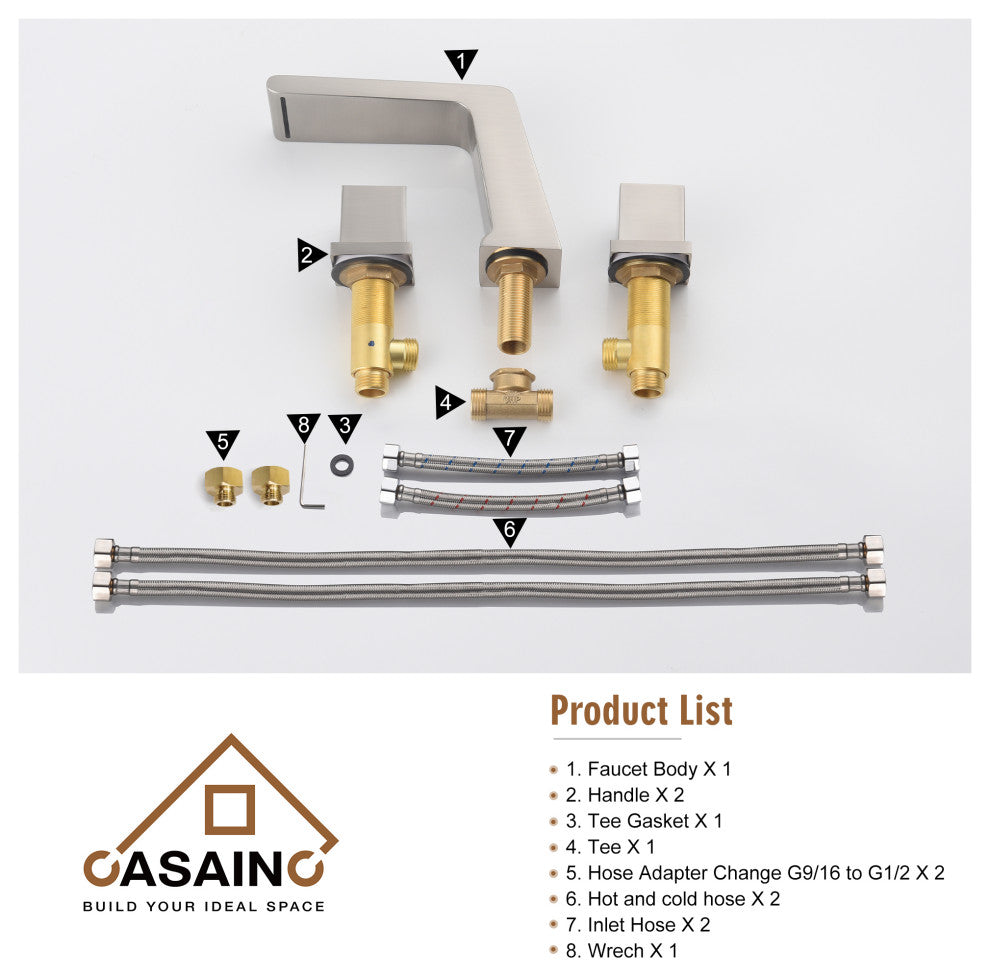 CASAINC Roman Tub 3 Hole Bathtub Sink Faucet Set Waterfall Spout, Brushed Nickel