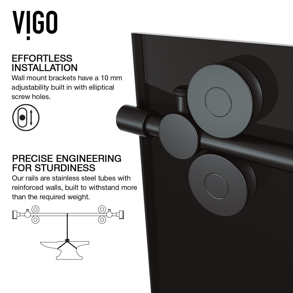 VIGO Elan 56" to 60" W x 74" H Frameless Sliding Shower Door, Matte Black, Black Tint Glass