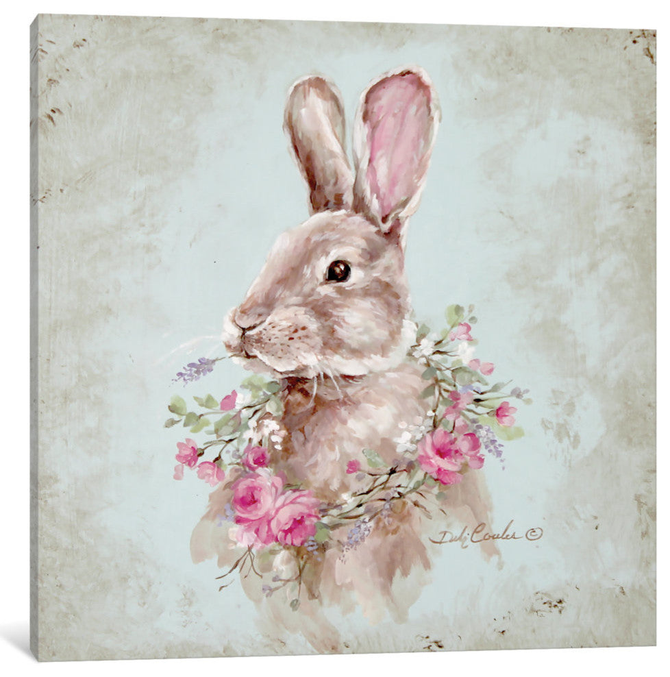 "Bunny With Wreath" by Debi Coules, Canvas Print, 26"x26"