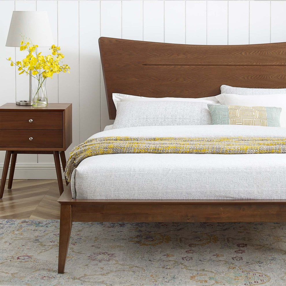 Platform Bed Frame, Full Size, Wood, Brown Walnut, Modern Mid-Century, Bedroom
