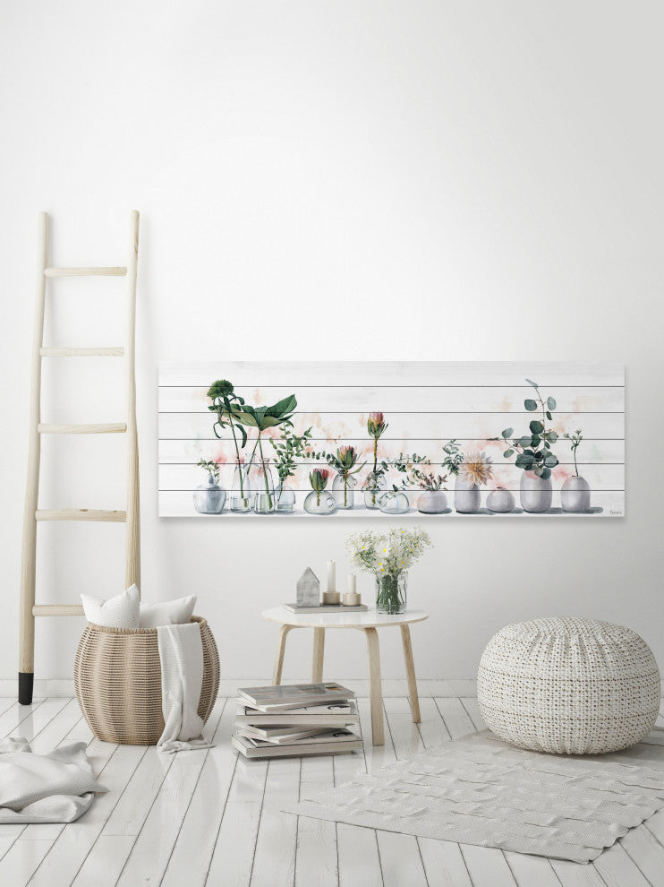 "White Vases" Painting Print on White Wood, 60"x20"