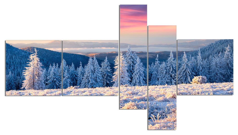 Amazing Winter Sunrise in Mountains, Landscape Canvas Print, 60"x32", 5 panels