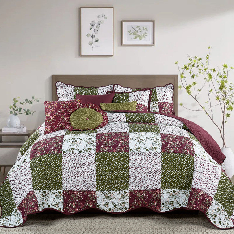 Patchwork Quilted 8-Piece Bed Spread Coverlet Set, Burgundy, Queen