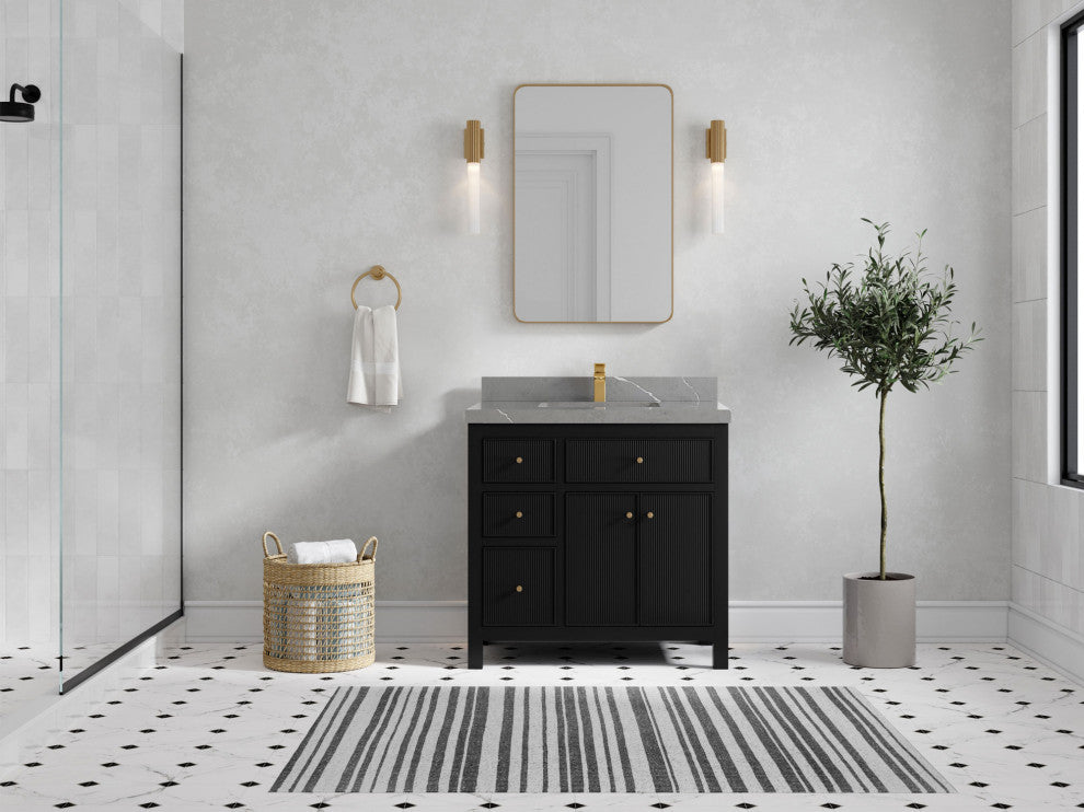 Sonoma 36 Center Sink Reeded Bath Vanity in Black 2" Piatra Gray