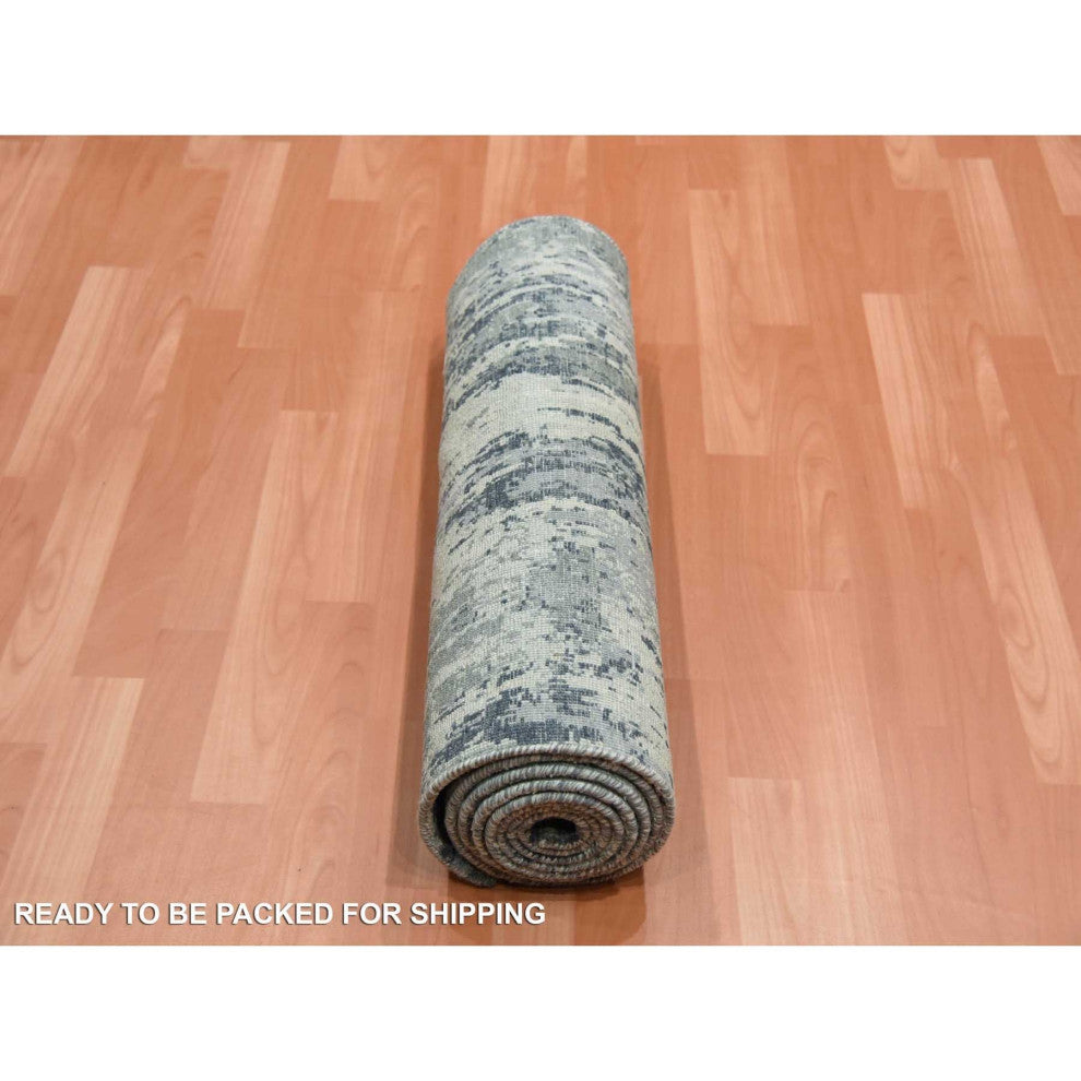 Charcoal Gray Wool and Silk Denser Weave Hand Knotted Runner Rug, 2'7"x10'2"