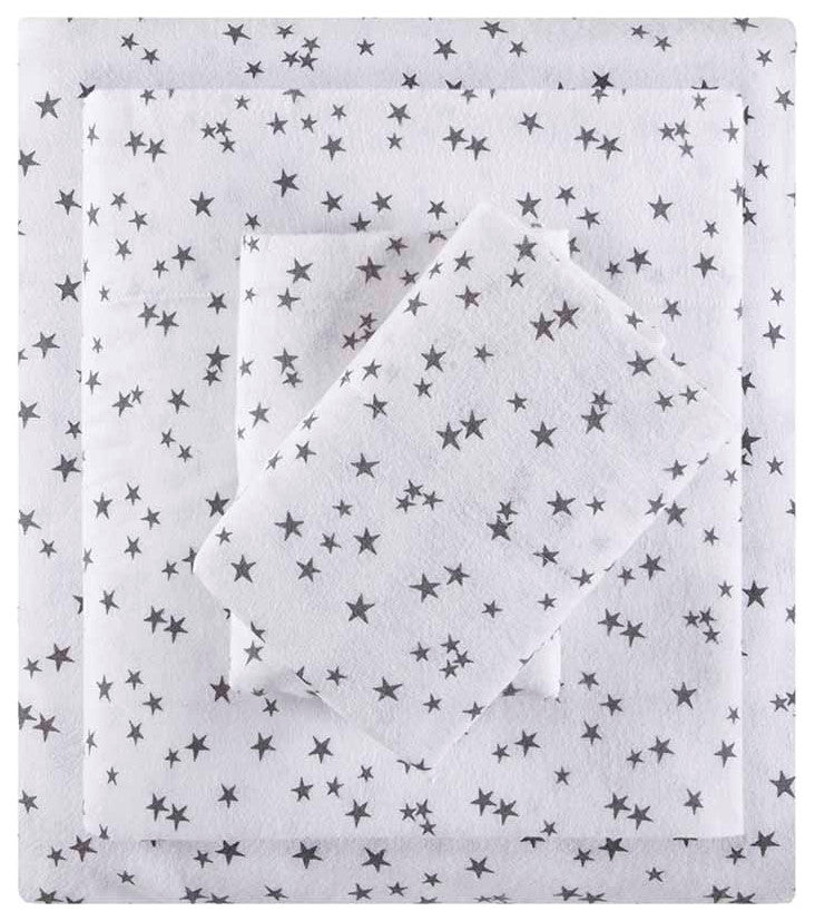 Intelligent Design Cozy Soft Cotton Flannel Printed Sheet Set, Grey Stars