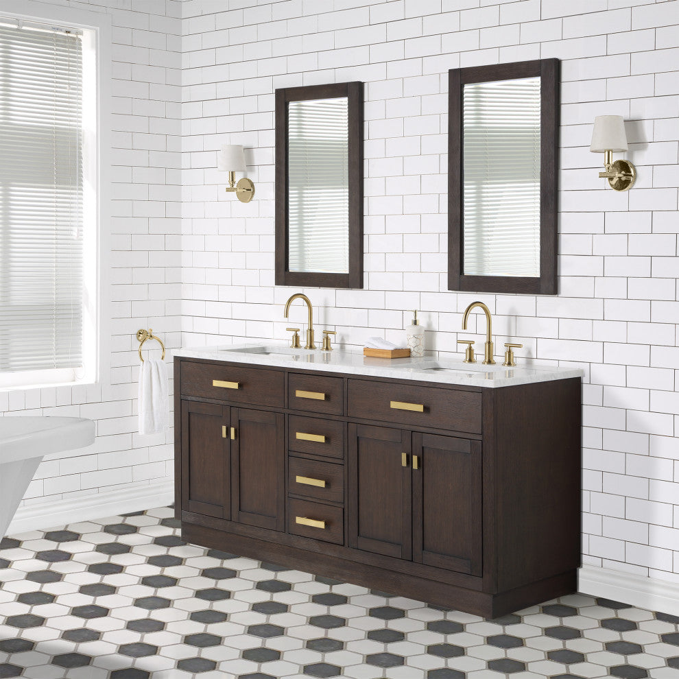 Water Creation Chestnut 72" Bath Vanity, Brown Oak, Satin Gold Hardware, With Mirror(s) and Faucet(s)